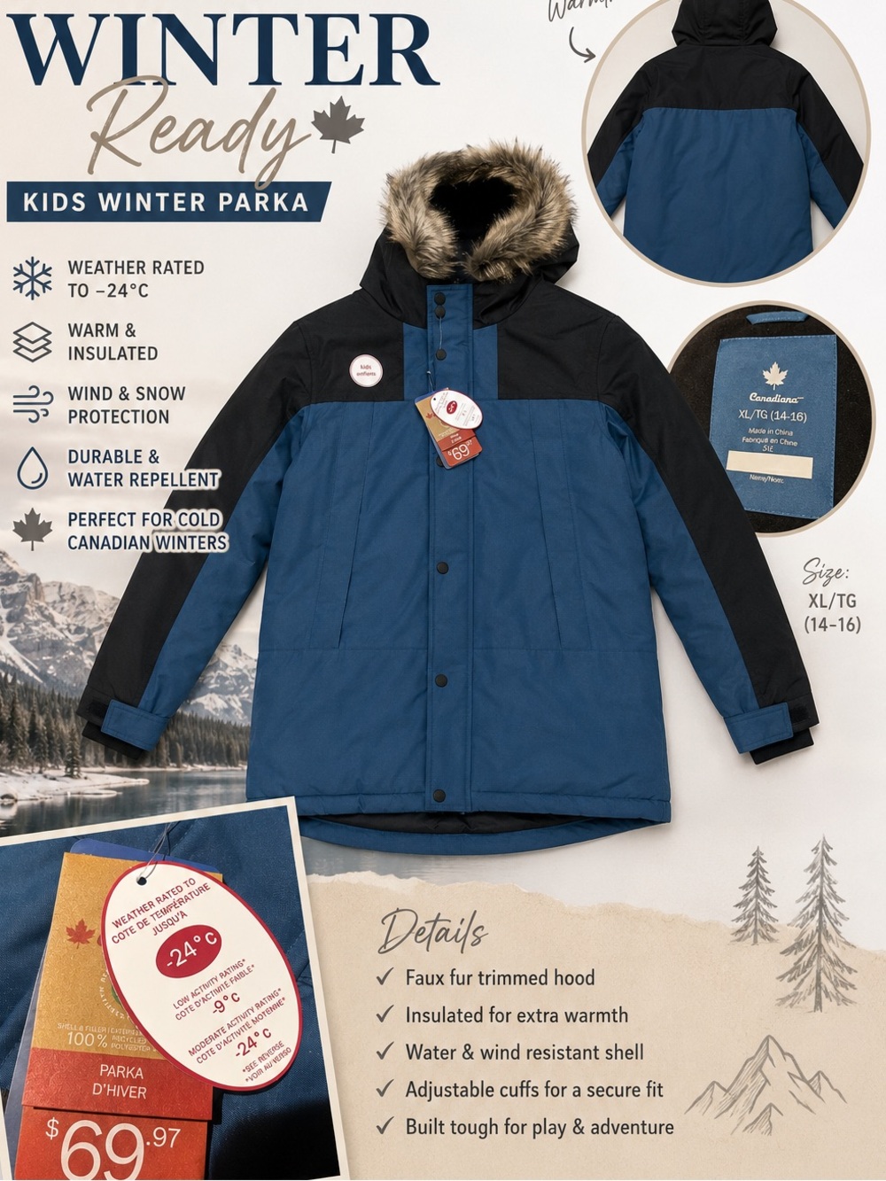 Kids Winter Parka Jacket with Faux Fur Trim - Blue & Black